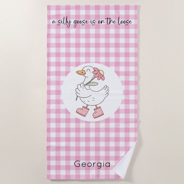 Toalha De Praia Xadrez rosa do ganso do bobo (Frente)