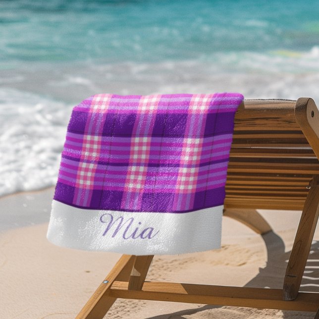 Toalha de Praia Xadrez Rosa Roxo Personalizada (Criador carregado)