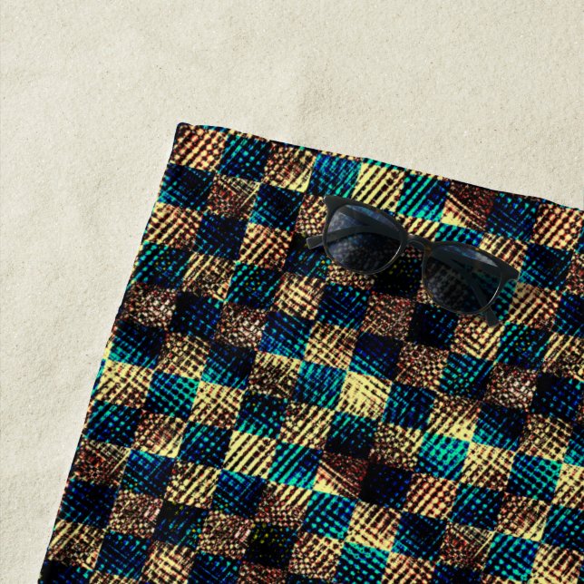 Toalha De Praia Xadrez sujo e efeito arranhado, azul e amarelo (In Situ)