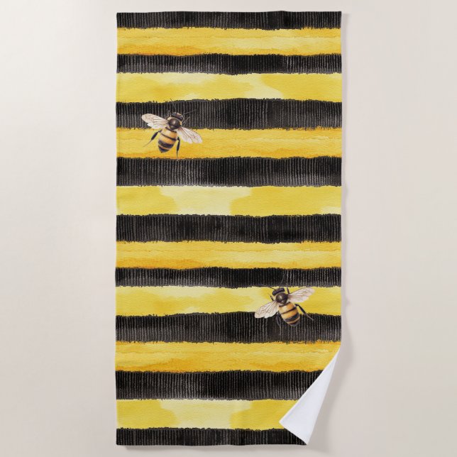 Toalha De Praia Yellow Gold Black Stripes Honey Bee  (Frente)