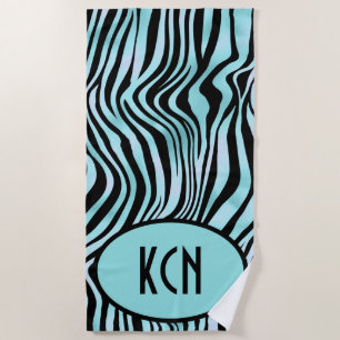 Toalha De Praia Zebra Estampado Preto e Turquesa Monogramado