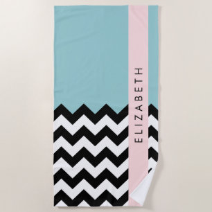 Toalha De Praia Zigzag preto-e-branco, Chevron, azul, seu nome