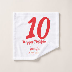 Toalha De Rosto 10.º aniversário adicionar nome data ano vermelho 