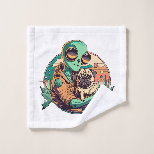 Toalha De Rosto Alienígena e Pug (Pano de lavar)