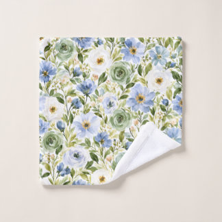 Toalha De Rosto Azul Pastel e Floral Watercolor Verde-Salvia
