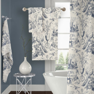 Toalha De Rosto Azul Toile Francês Vintage Pavão Galo e Coelho