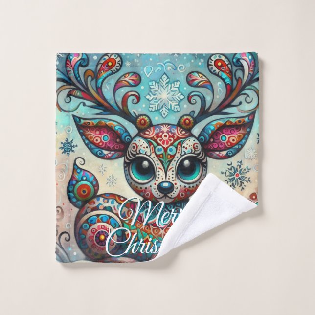 Toalha De Rosto Big Eye Christmas Reindeer Folk Art Personalized (Pano de lavar)