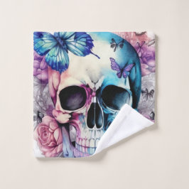 Toalha De Rosto Crânios, rosas e borboletas