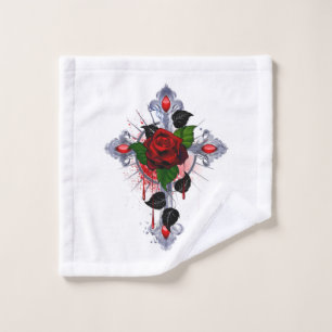 Toalha De Rosto Cruz de Prata com Rosa vermelha