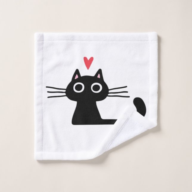 Toalha De Rosto Cute Black Cat with Heart  Kitten Valentine Classi (Pano de lavar)