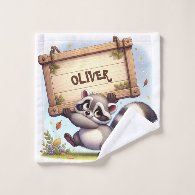 Toalha De Rosto Cute Raccoon com Sinal de Nome Personalizável (Pano de lavar)