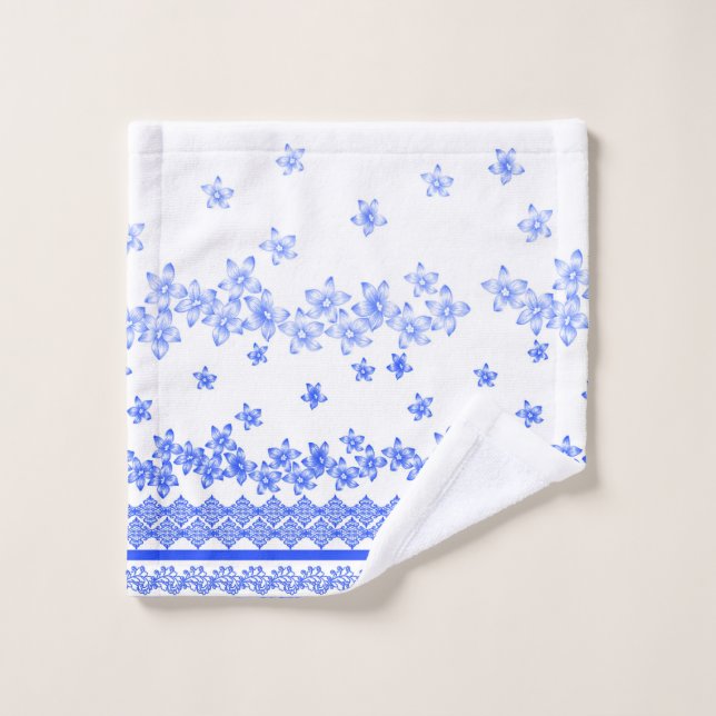 Toalha De Rosto Desenho floral azul e branco, (Pano de lavar)