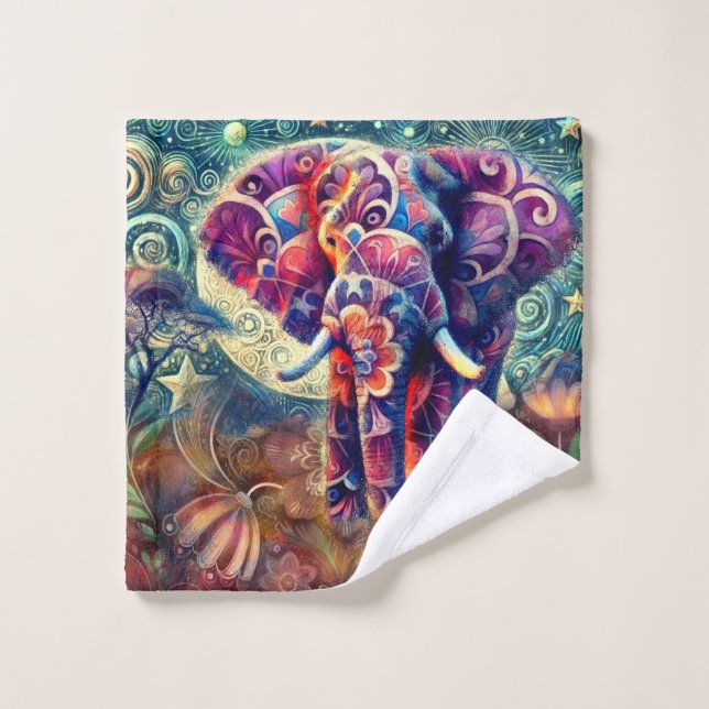 Toalha De Rosto Elefante Whimssso na Noite Azul Estrelas Roxas Lua (Pano de lavar)