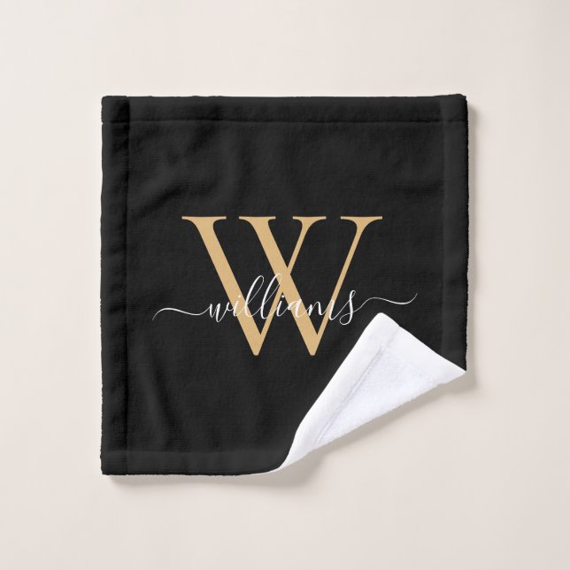 Toalha De Rosto Elegant Black Gold Custom Monogram Script Name (Pano de lavar)