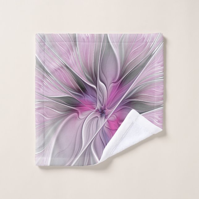 Toalha De Rosto Floral Fractal Moderno Abstrato Flor Rosa Cinza (Pano de lavar)