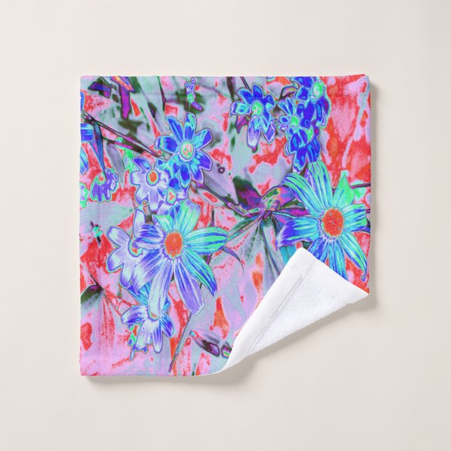 Toalha De Rosto Flores Retro Psicodélicas Aqua Verde e Laranja (Pano de lavar)