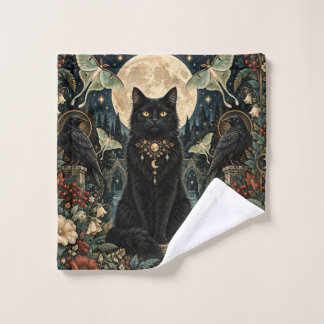 Toalha De Rosto Gato Negro Gótico Celestial con Luna y Cuervos.