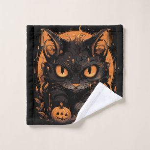 Toalha De Rosto Gato Preto do Halloween com Pumpkins e Lua