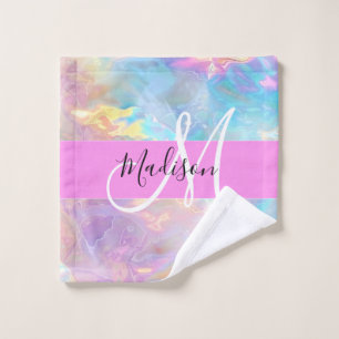 Toalha De Rosto Girly Rainbow Holographic Nome do Monograma Irides