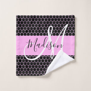 Toalha De Rosto Glam Black Metalk Pink Honeycomb Monograma Nome