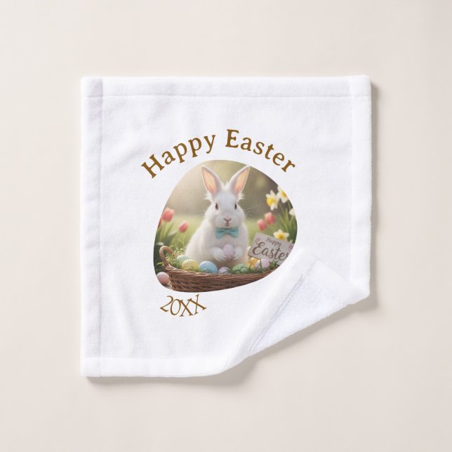 Toalha De Rosto Happy Easter white bunny year photo family name  (Pano de lavar)