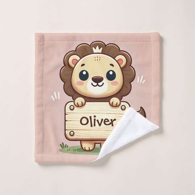 Toalha De Rosto Leãozinho Fofo com Placa de Nome (Pano de lavar)