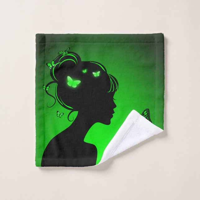 Toalha De Rosto Linge de toilette La femme papillons verts (Pano de lavar)