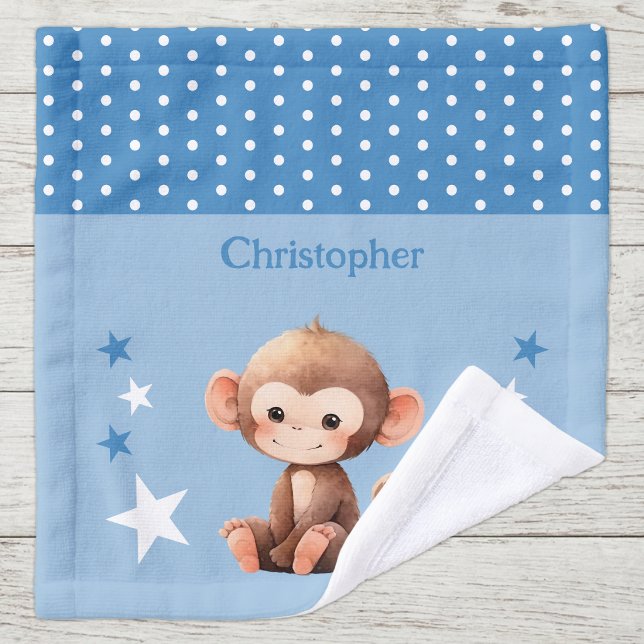 Toalha De Rosto Macaco fofo adicionar nome bolinhas estrelas azul (Criador carregado)