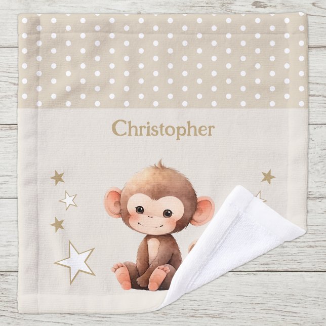 Toalha De Rosto Macaco fofo adicionar nome bolinhas estrelas marro (Criador carregado)