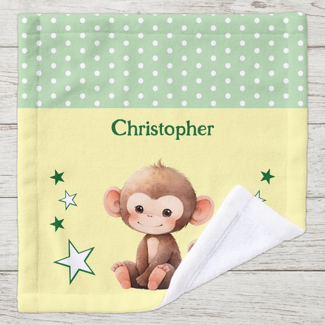 Toalha De Rosto Macaco fofo adicionar nome bolinhas estrelas verde (Criador carregado)
