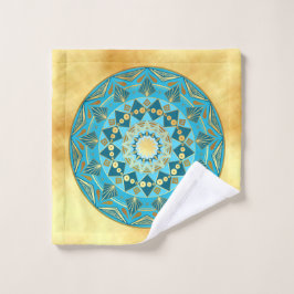 Toalha De Rosto Mandala azul dourado em Fundo Dourado Suave