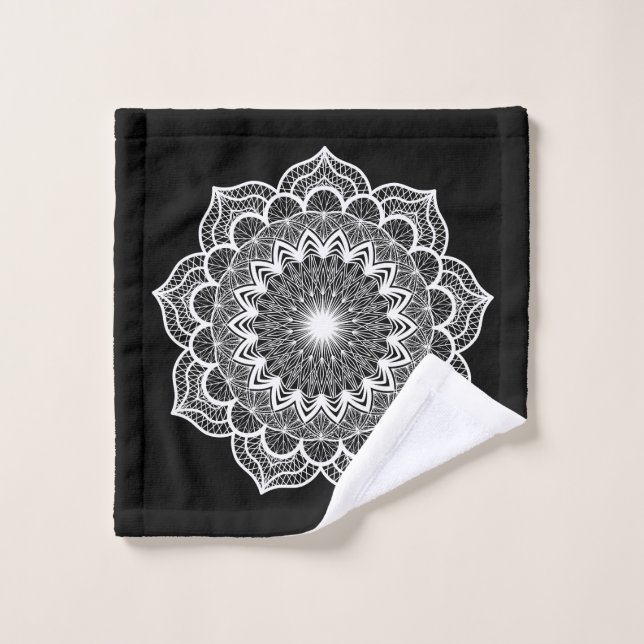 Toalha De Rosto Mandala Branco em Fundo Preto (Pano de lavar)