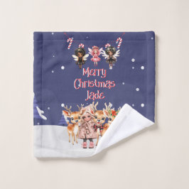 Toalha De Rosto Merry Christmas Reindeer Peppermint Fada com Nome