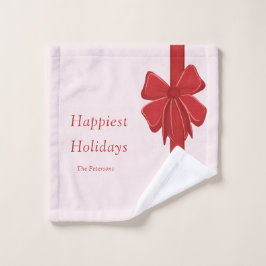 Toalha De Rosto Modern Red Ribbon Bow Wrap Photo Christmas