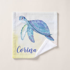 Toalha De Rosto Monograma de aquarela de tartaruga marinha 