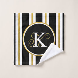 Toalha De Rosto Monograma Personalizado de Stripes Negras e Dourad