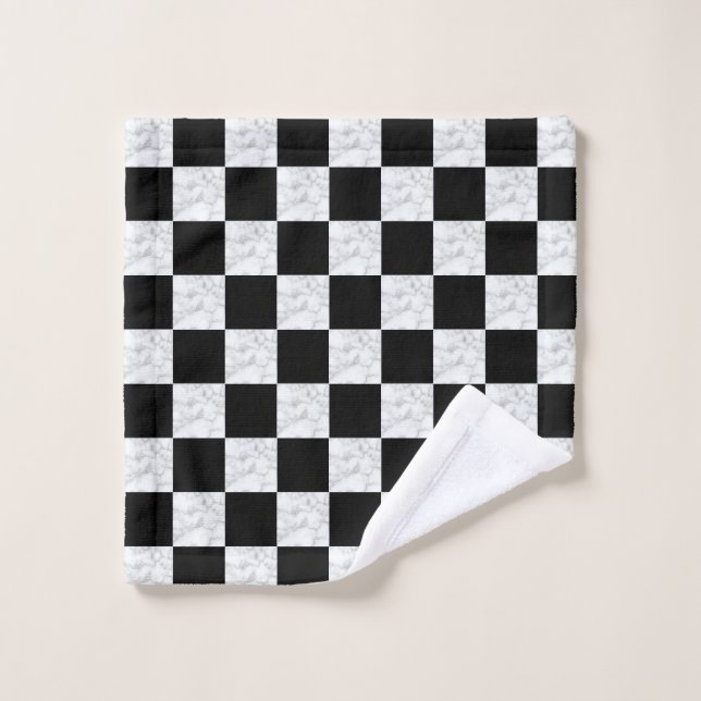Toalha De Rosto Neo Deco Preto e Xadrez de Mármore Branco Falso (Pano de lavar)