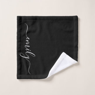 Toalha De Rosto Nome do Monograma de Script Moderno Preto e Branco