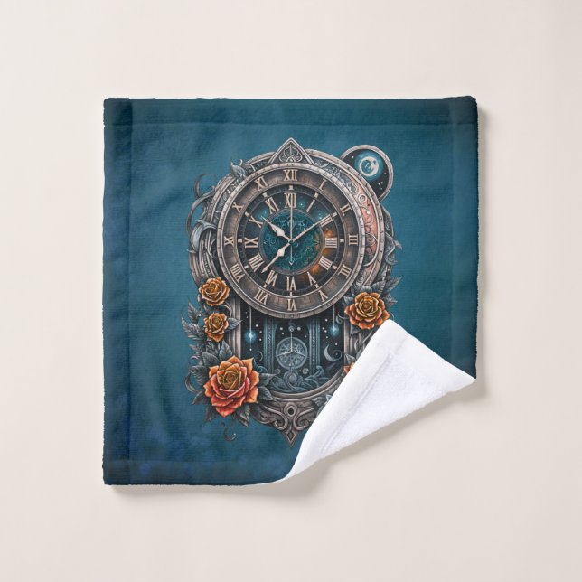 Toalha De Rosto Ornamentado Steampunk Clock com Rosas. (Pano de lavar)