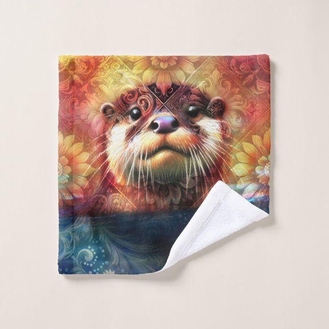 Toalha De Rosto Otter Abstrato Floral Teal Laranja Vermelho Laranj (Pano de lavar)