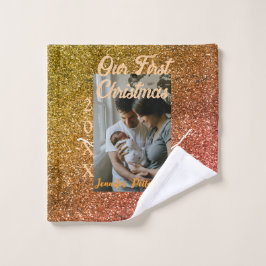 Toalha De Rosto Our first Christmas orange red glitter photo year