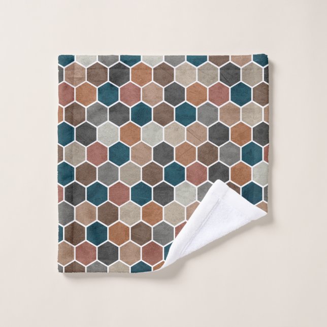 Toalha De Rosto Padrão Hexagonal Texturizado Cinza Azul Marrom (Pano de lavar)