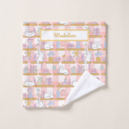 Toalha De Rosto Personalized Cat's Library Bookish Pastel Pink