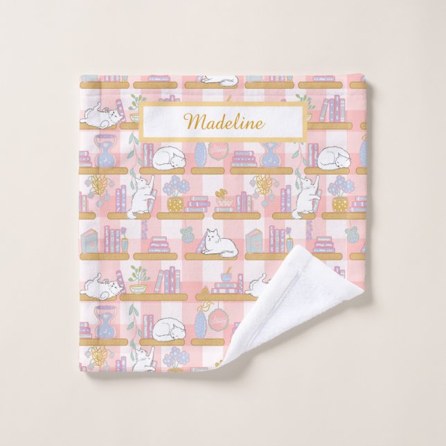 Toalha De Rosto Personalized Cat's Library Bookish Pastel Pink (Pano de lavar)