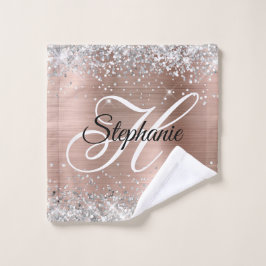Toalha De Rosto Rosa Glitter Prata Folha Dourada Monograma Chique