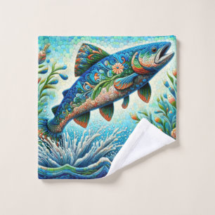 Toalha De Rosto Salmão Jumping Mosaico Floral Azul Pêssego Verde