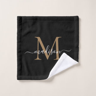 Toalha De Rosto Script de Monograma Dourado Chic Black Elegante Mo