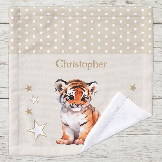 Toalha De Rosto Tigre fofo adicionar nome bolinhas estrelas marrom (Criador carregado)