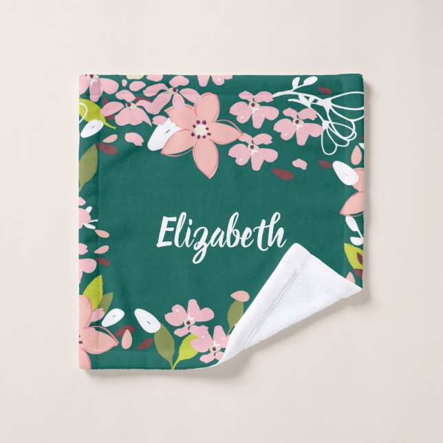 Toalha De Rosto Verde com Flores Rosa Personalizadas (Pano de lavar)