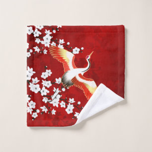 Toalha De Rosto Vermelho de Flor Branca de Crane Japonesa
